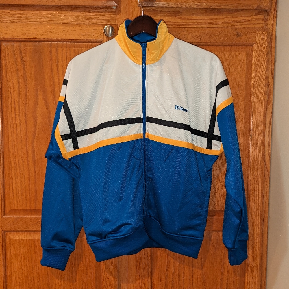 Vintage 90s Wilson Men size S Athletic Track Jacket White Blue Yellow workout